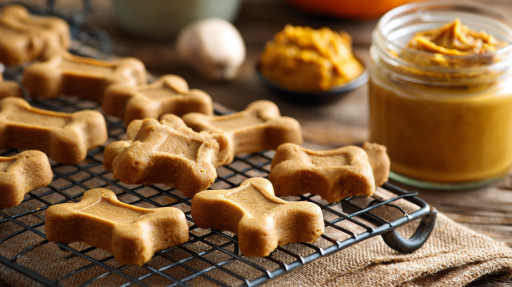 Homemade peanut butter and pumpkin dog treats freshly baked