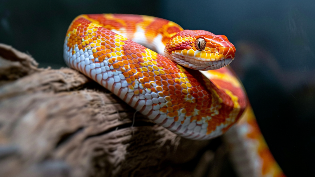 A corn snake with vibrant orange, red and black pattern coiled comfortably, displaying its striking coloration that makes it popular among best reptile pets for beginners.
