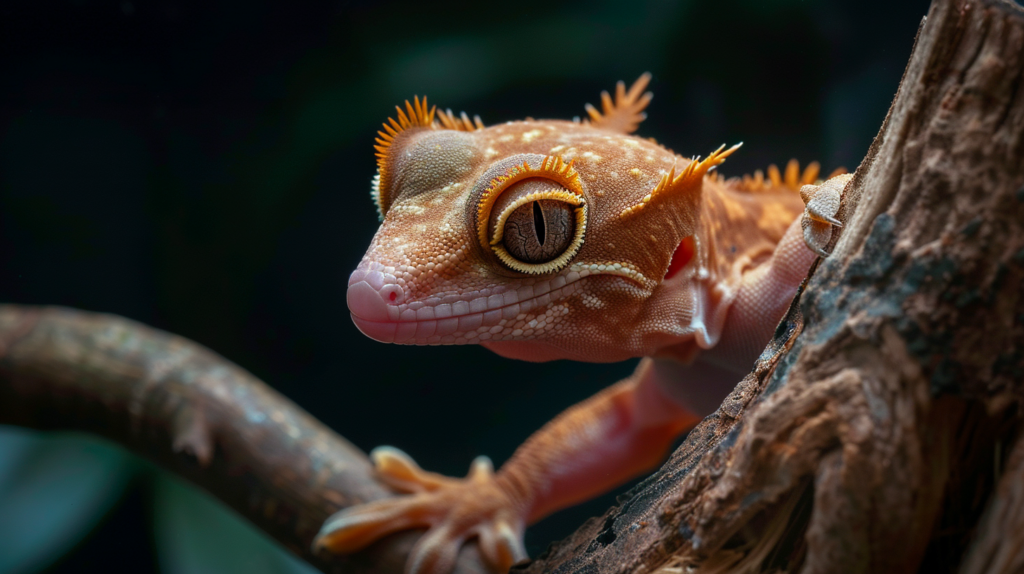 A crested gecko with its distinctive eyelash-like crests and textured skin, clinging to a vertical surface with its specialized toe pads - a fascinating feature of these best reptile pets.