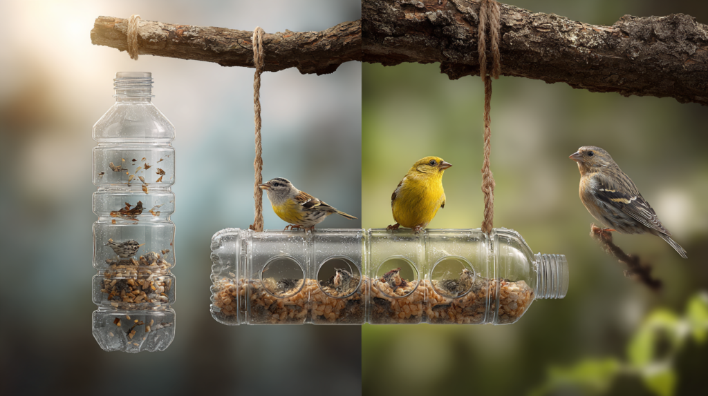 [Plastic bottle bird feeder hanging from tree branch with birds feeding](Describe image: Transparent plastic bottle transformed into a bird feeder with feeding ports and perches, hanging from a tree branch with small birds feeding from it)