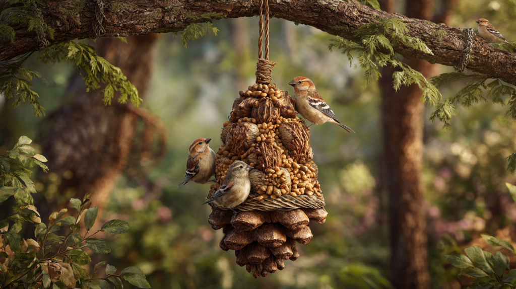 Close-up of pinecone covered with peanut butter and rolled in birdseed, hanging by twine with a small bird feeding from it