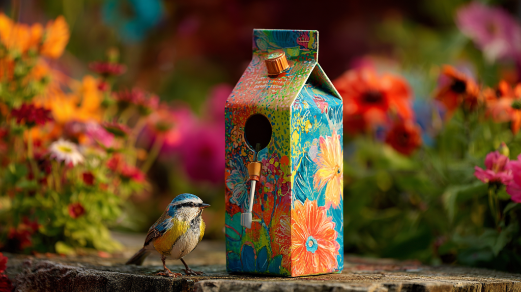 ![Decorated milk carton transformed into bird feeder hanging in garden](Describe image: Colorfully painted milk carton with roof-shaped top and multiple feeding ports, filled with seeds and hanging from a branch)