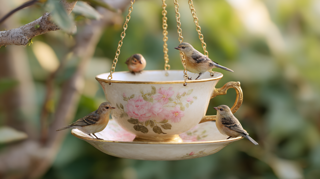 ![Vintage teacup and saucer bird feeder mounted on post with birds feeding](Describe image: Antique teacup attached to matching saucer filled with birdseed, mounted on garden stake with small birds gathered around it)