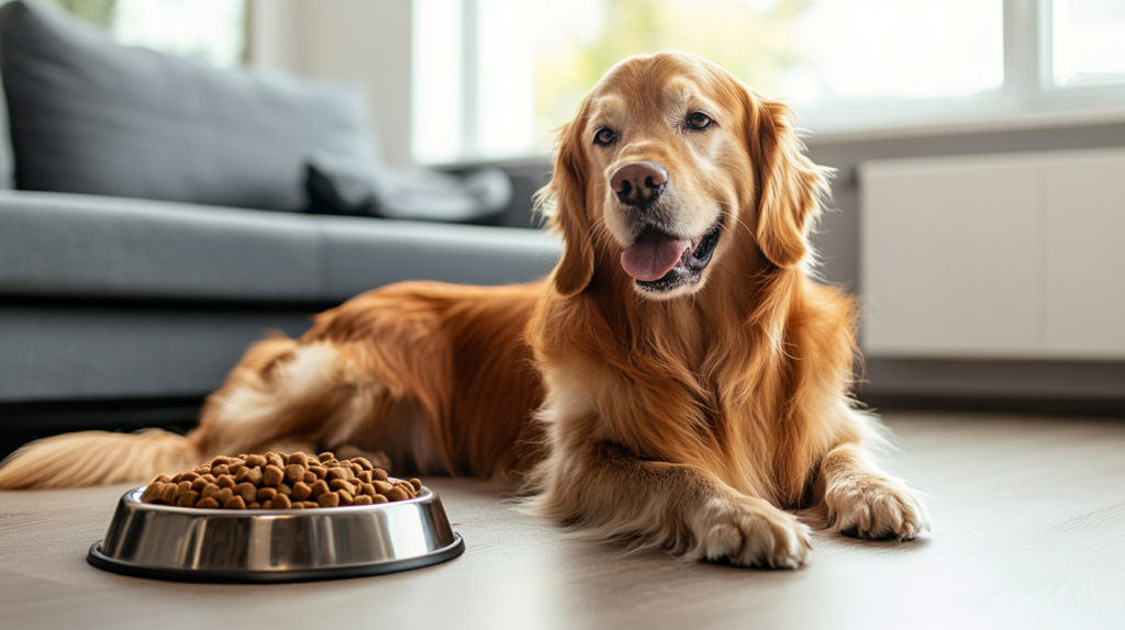 Pet owner explaining benefits of DIY pet feeding station while dog eats comfortably from elevated homemade bowls