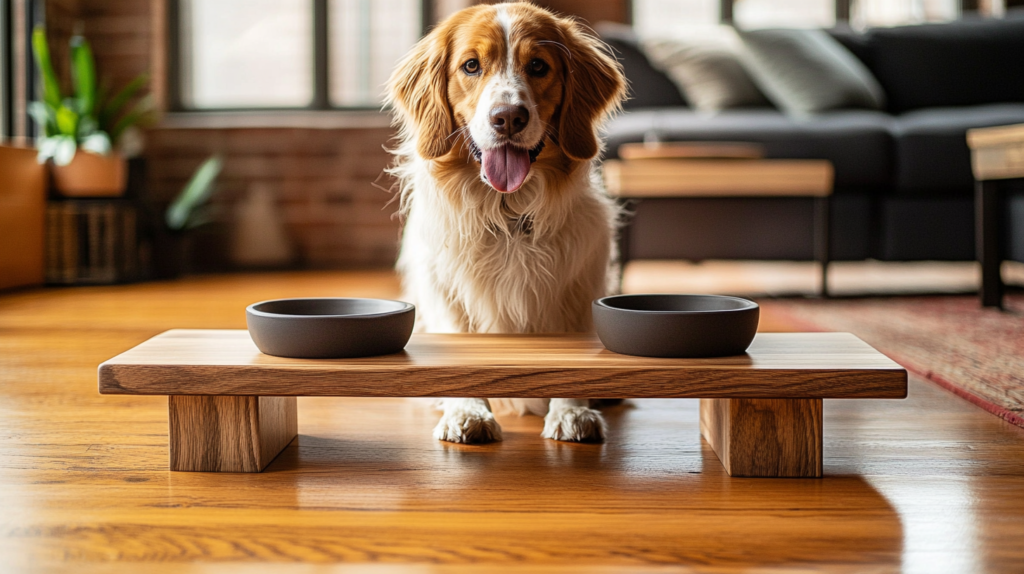 Step-by-step DIY elevated wooden pet feeding station project with cedar lumber and stainless steel bowls for large dogs