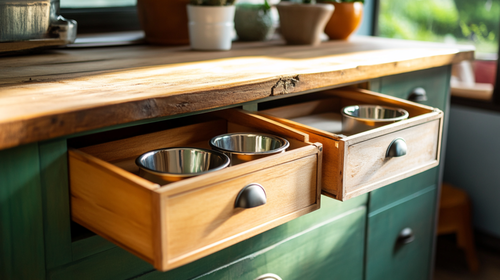 DIY repurposed furniture pet feeding station made from vintage nightstand with cut-out holes for elevated pet bowls