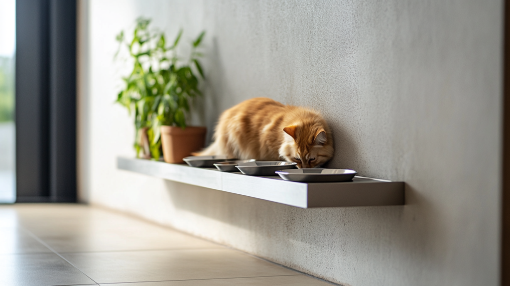 DIY space-saving wall-mounted feeding station project with foldable bowls, perfect for small apartments and tiny homes