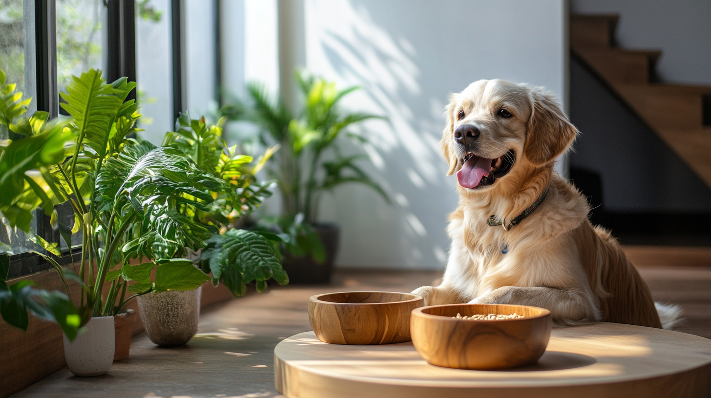 Handmade wooden pet feeding station with elevated bowls for dogs, featuring storage compartment underneath