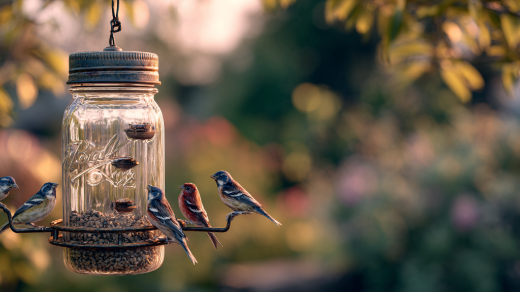 ![Mason jar seed dispenser with birds feeding](Describe image: Glass mason jar mounted upside-down on wooden platform with seed dispensing mechanism and multiple birds gathered around the feeding tray)