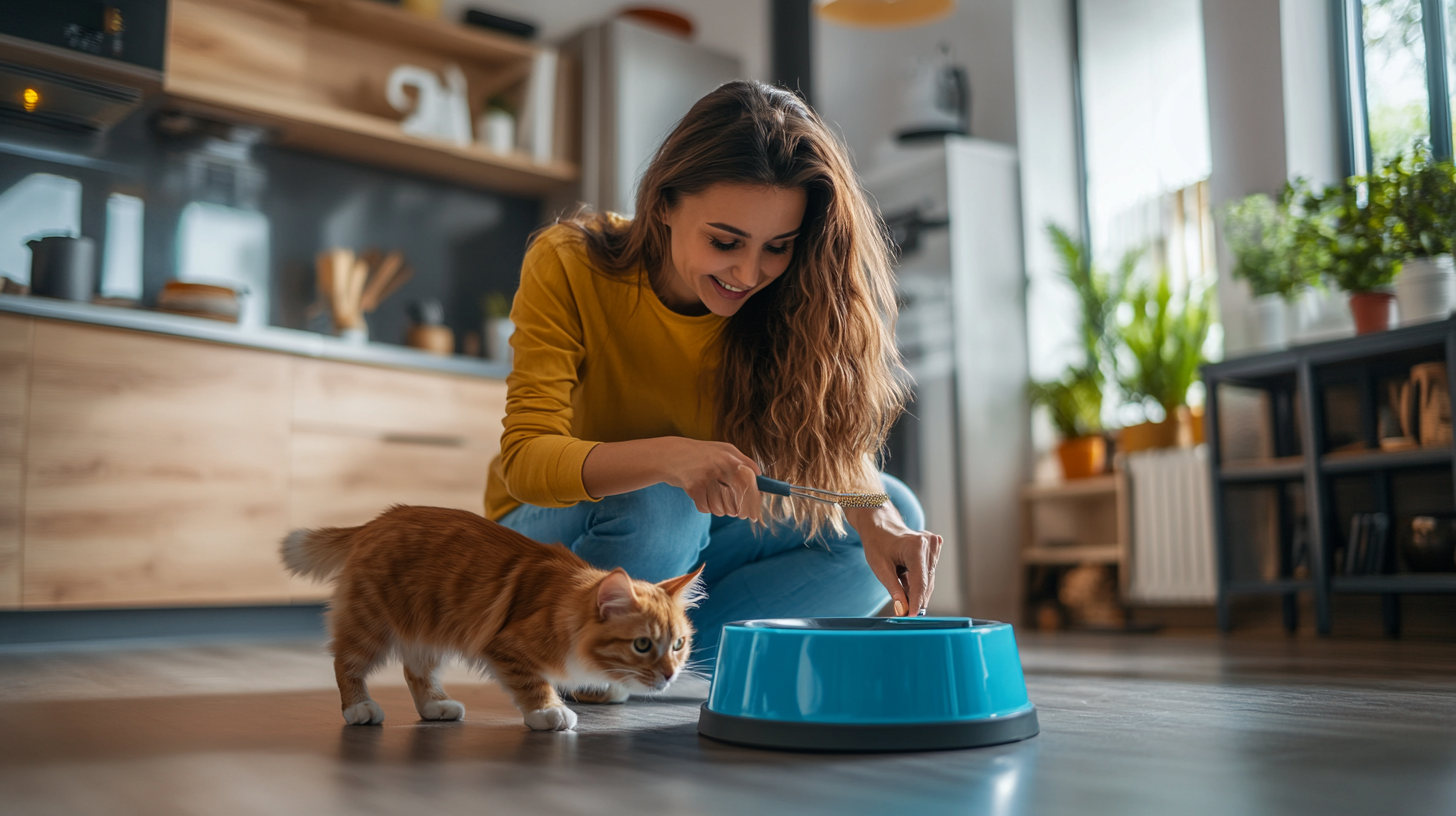 Pet owner using easy pet care hacks to simplify daily routine with happy dog and cat