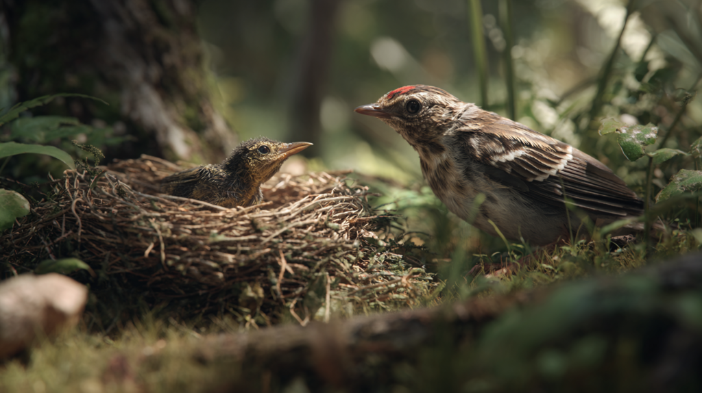 Female birds exhibiting distinctive behavioral traits and nesting patterns compared to male bird behavior
