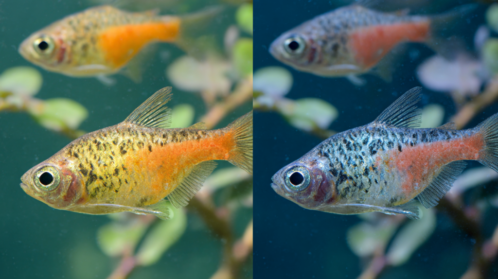 Fish behavior signs comparison showing normal versus abnormal aquarium fish activities