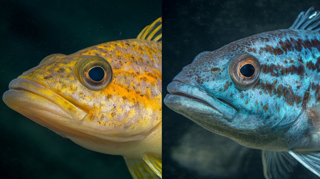 Fish behavior signs featuring physical appearance changes and color pattern variations