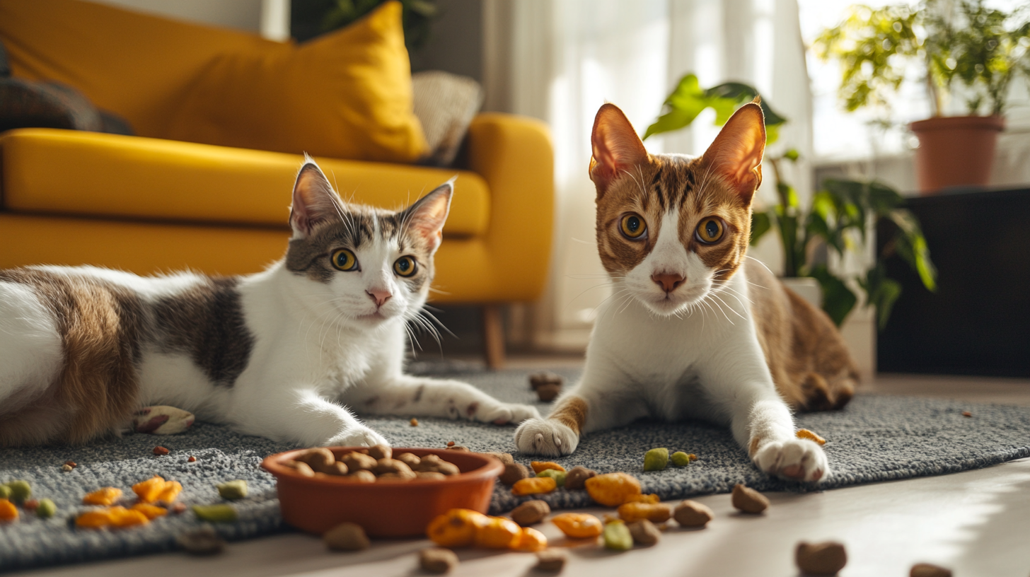 Pet foraging toys scattered in backyard with cat searching for hidden kibble, encouraging natural feeding behaviors