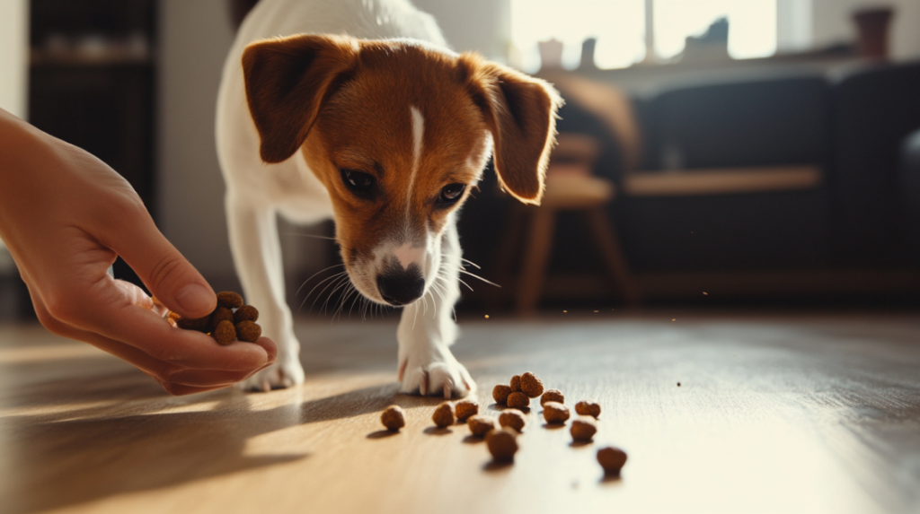 Dog enjoying scatter feeding method with kibble spread across grass, demonstrating simplest form of pet foraging enrichment