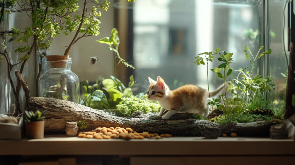Indoor natural foraging environment with artificial grass, logs, and hidden treats recreating wild habitat for pet enrichment