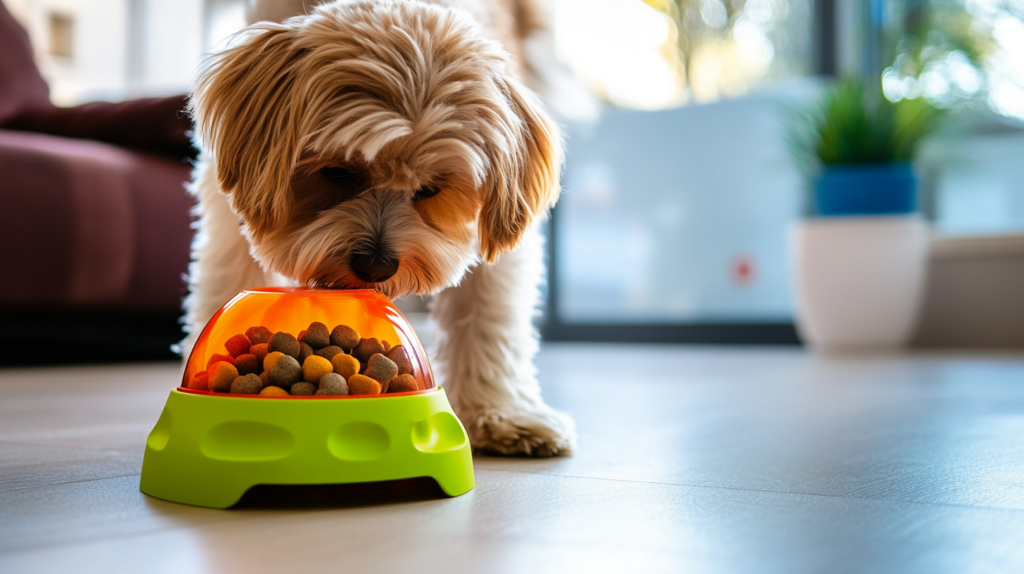 Dog using puzzle feeder toy to access kibble, demonstrating how interactive feeding devices turn regular mealtime into engaging brain training and mental enrichment activity