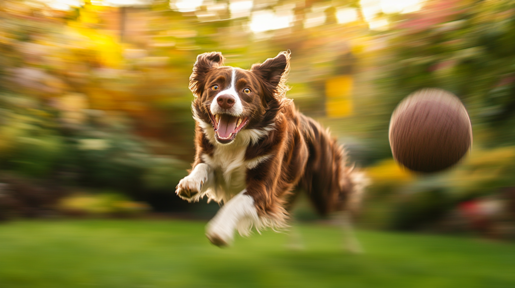 Pet owner playing advanced fetch games with dog using frisbee, ball launcher, and obstacle course, showing creative fetch variations beyond traditional stick throwing for enhanced exercise