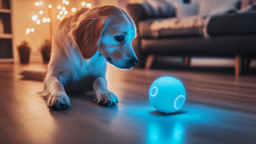 Modern pet enjoying smart interactive toys including automated ball launcher, treat-dispensing robot, and app-controlled puzzle device, showcasing high-tech pet entertainment for today's digitally connected households