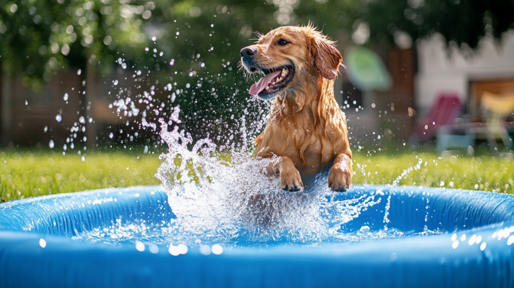 Water-loving dog enjoying splash games including sprinkler play, kiddie pool activities, and water retrieval exercises, demonstrating fun aquatic entertainment and cooling activities for pets