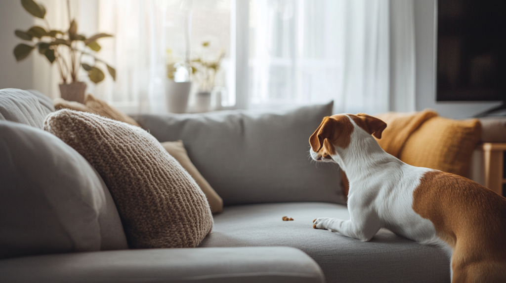 Dog participating in scent work training and treasure hunt activity, using natural sniffing instincts to find hidden treats and follow scent trails for nose-based mental stimulation