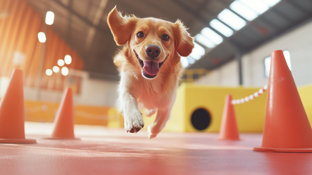 Active dog navigating backyard agility course with jumps, tunnels, and weave poles, demonstrating physical exercise and mental challenge training that develops coordination and obedience skills