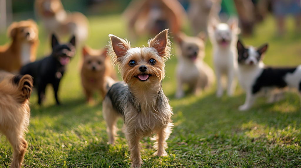 Multiple dogs playing group games with their owners in park setting, showing social pet activities like group fetch, relay races, and multiplayer training exercises for enhanced socialization