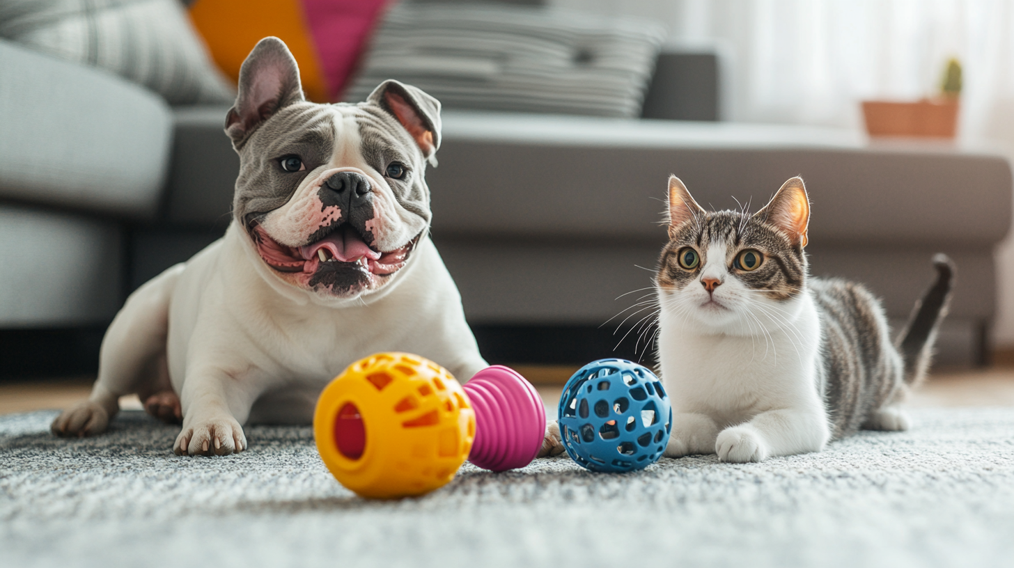 Pet owner engaging dog in fun interactive games including treat-dispensing puzzle toys, hide-and-seek activities, and brain training exercises for mental stimulation and bonding