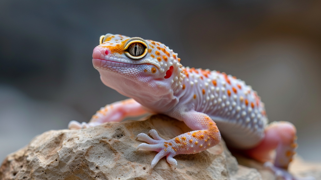 A leopard gecko with bright yellow coloration and distinctive black spots, showing its friendly face and characteristic tail. One of the best reptile pets for beginners.