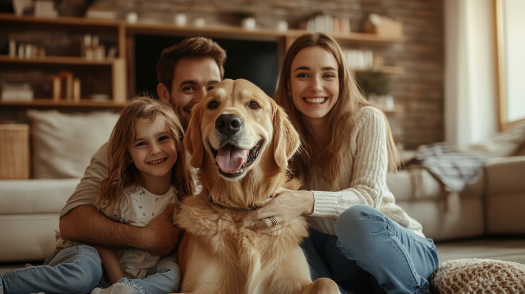 Happy family with pets enjoying comfortable home life using effective allergy management strategies and allergen reduction methods