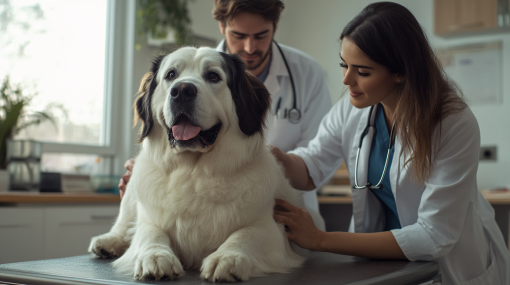 Veterinarian explaining pet obesity causes using anatomical chart showing healthy vs obese pet body composition and risk factors