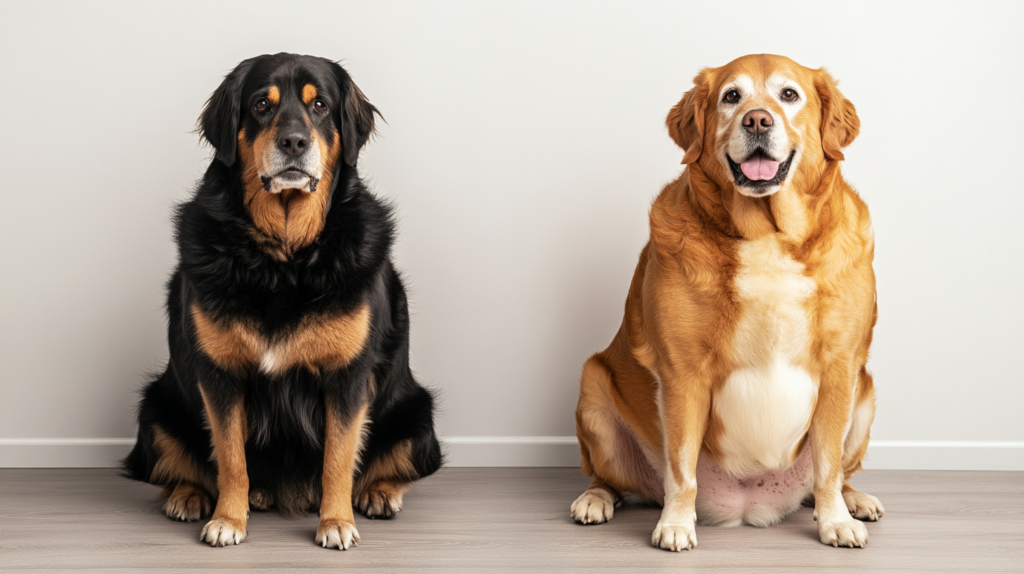 Before and after photos demonstrating sign one: visible weight gain and body shape changes in pet over six-month period