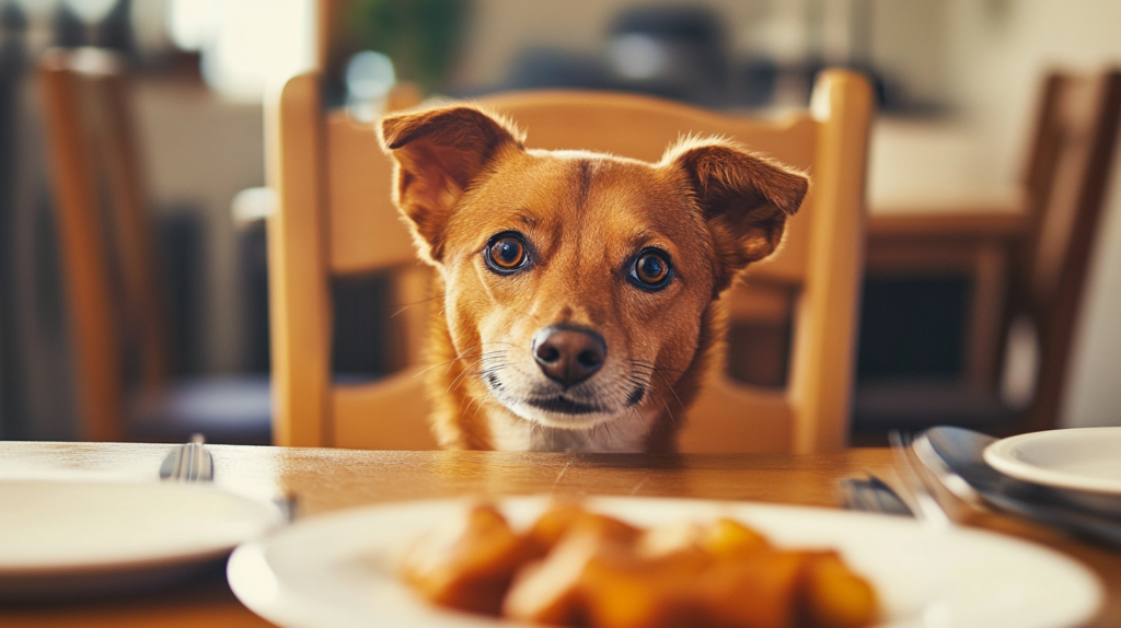 Overweight dog displaying sign four of obesity: excessive begging behavior and food obsession while owner prepares meals in kitchen