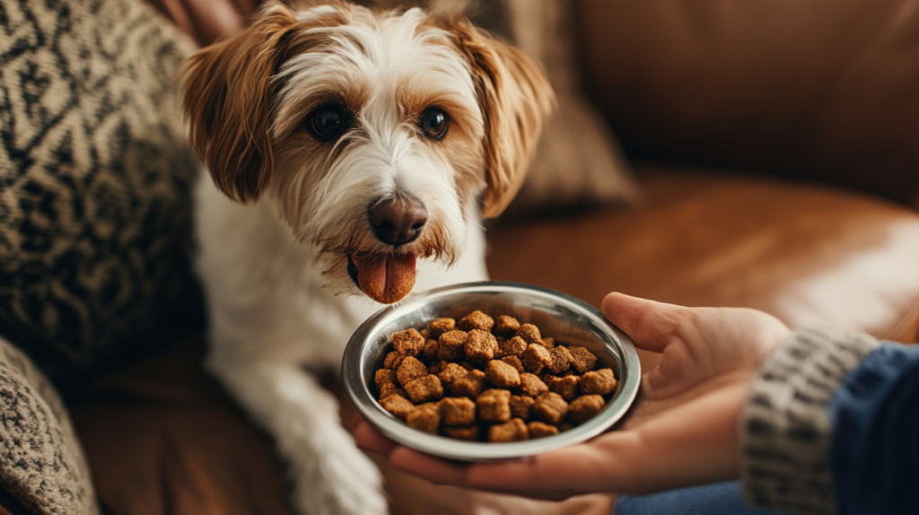 Pet displaying sign seven of overfeeding: refusing regular food in bowl while eagerly accepting treats from owner's hand