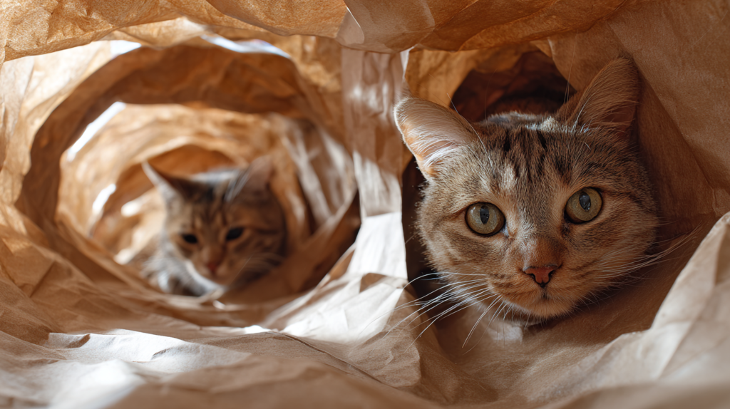 Connected paper bags creating a tunnel system for cats to explore - showcasing how simple homemade cat toys can create enriching environments