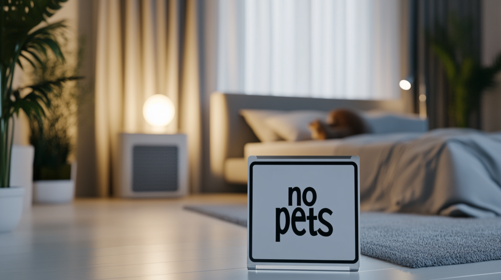 Allergen-free bedroom zone with HEPA air purifier, hypoallergenic bedding, and clear 'no pets allowed' boundary for allergy relief