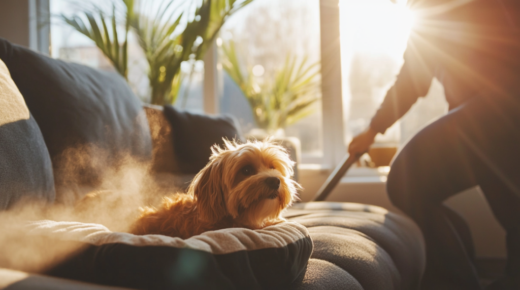 Allergen-free bedroom zone with HEPA air purifier, hypoallergenic bedding, and clear 'no pets allowed' boundary for allergy relief