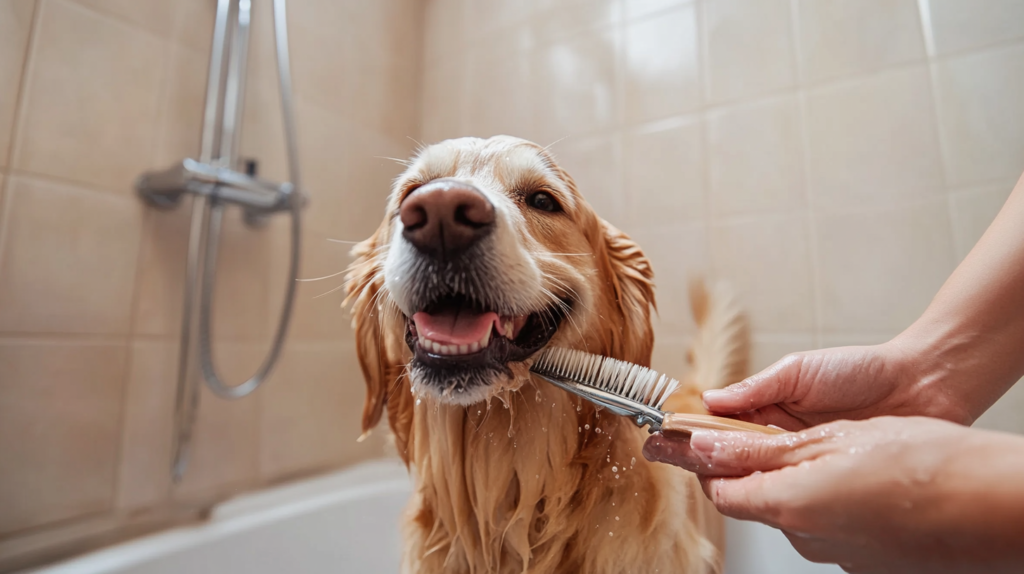 Regular pet grooming routine showing dog being bathed with hypoallergenic shampoo and brushed to reduce allergen production