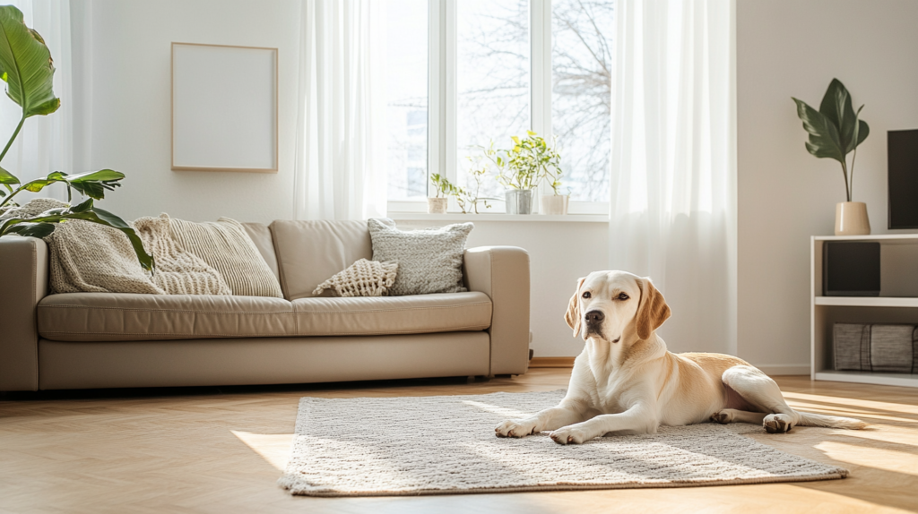 Allergy-friendly home modifications showing hardwood floors, leather furniture, and minimal fabric to reduce pet allergen accumulation