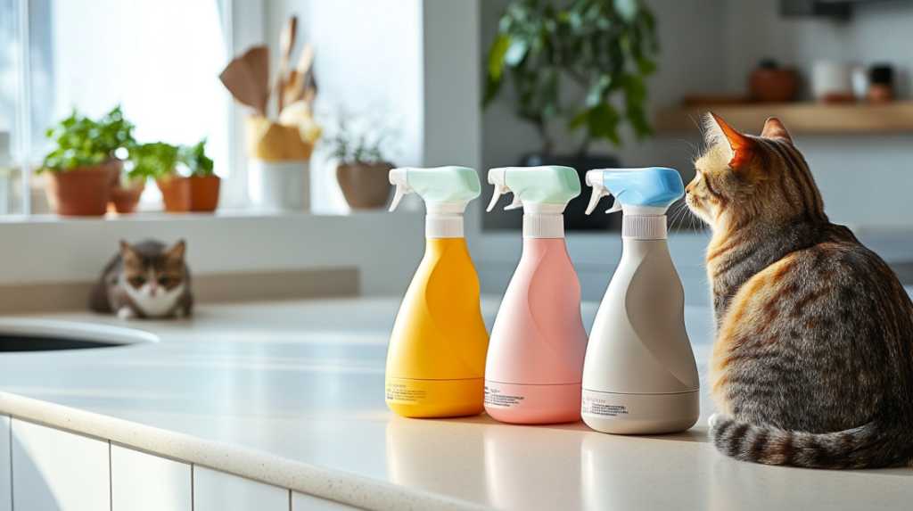 Display of five best pet-safe cleaning products for 2025 including enzymatic cleaner, plant-based all-purpose spray, organic floor wash, natural odor eliminator, and eco-friendly disinfectant with safety ratings