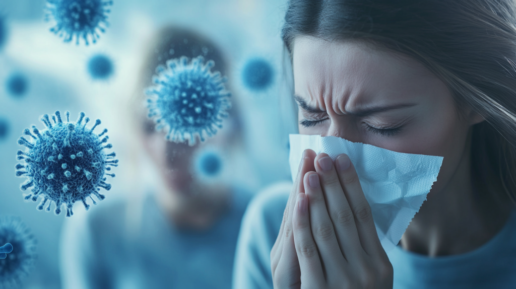 Close-up microscopic view of pet dander particles and allergens floating in air, illustrating the common causes of pet allergies in sensitive individuals