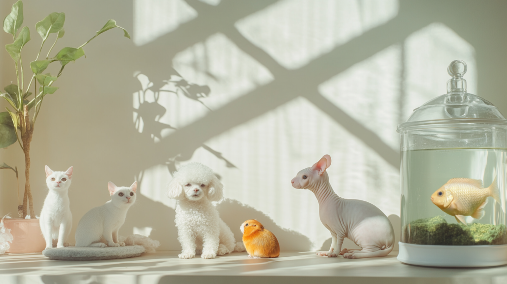 "Collage of five hypoallergenic pets including Poodle, Sphynx cat, goldfish, parakeet, and turtle, showcasing the best pet options for people with allergies