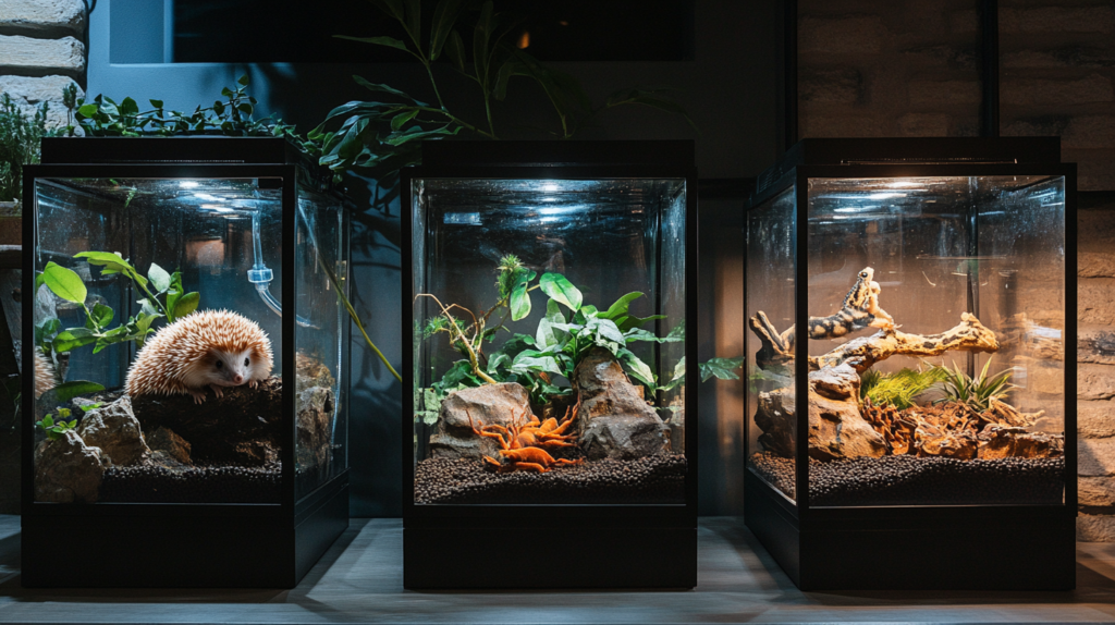 Collection of unusual hypoallergenic pets including hermit crab, bearded dragon, chinchilla, and axolotl in their habitats, showing alternative pet options for severe allergy sufferers