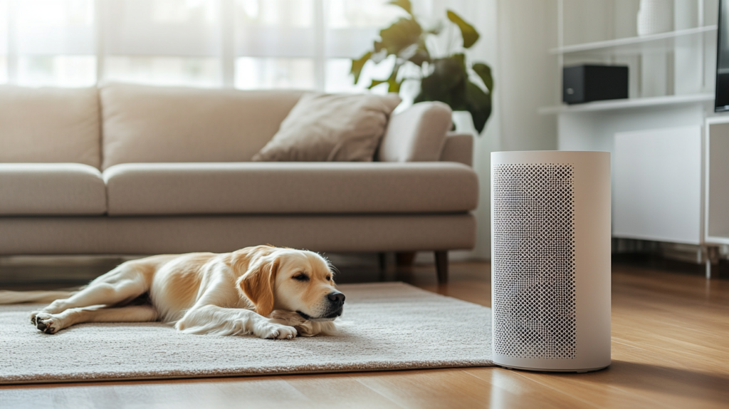 Clean, organized living room with air purifier, HEPA filter, and pet-free furniture zones, demonstrating effective home allergy management strategies for pet owners