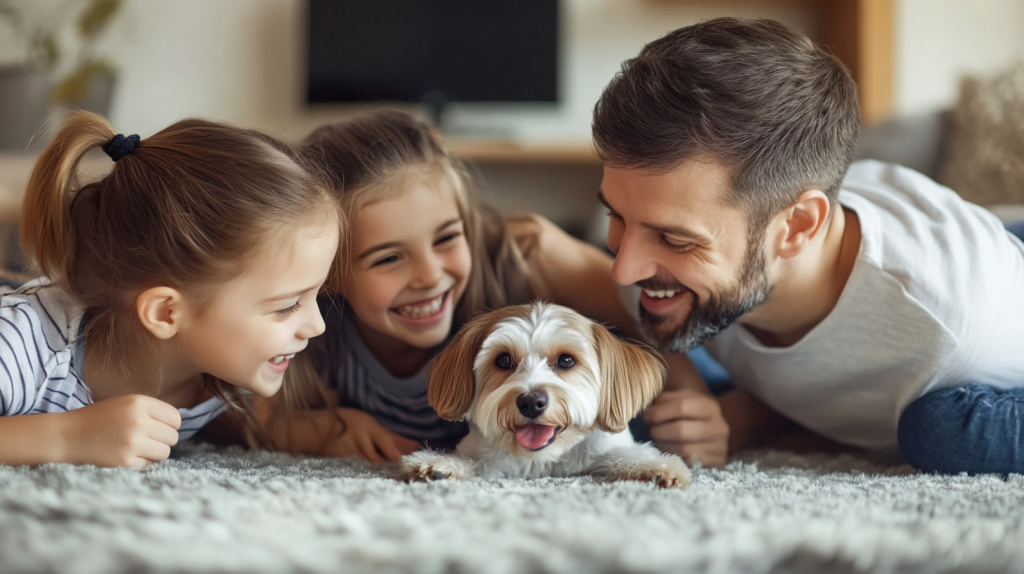 Parent and child with allergies safely interacting with hypoallergenic dog in child-proofed living space, showing family-friendly pet allergy management for households with kids