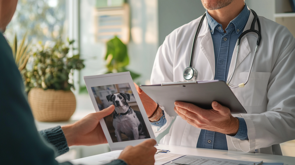 Doctor discussing pet allergy treatment options with patient during medical consultation, showing importance of professional healthcare advice for allergy management