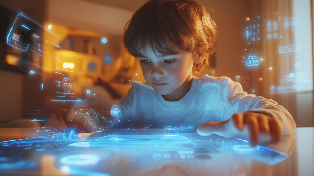 Person using tablet to interact with virtual pet app and robotic pet companion, demonstrating digital pet alternatives for people with severe pet allergies