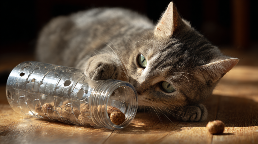 Cat pawing at a plastic bottle treat dispenser - example of creative homemade cat toys using recyclables