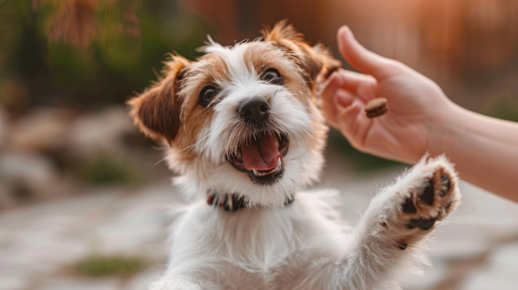 Puppy potty training with positive reinforcement showing treats and praise methods