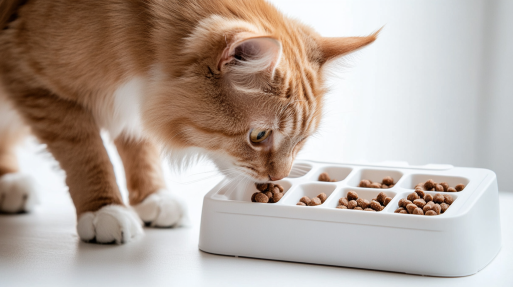 Step-by-step demonstration of how puzzle feeders work: dog manipulating treat-dispensing toy to access hidden kibble rewards